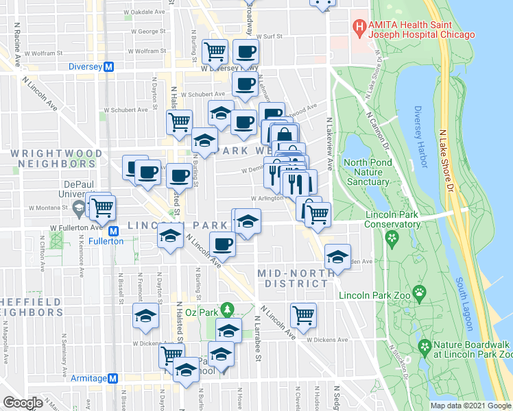 map of restaurants, bars, coffee shops, grocery stores, and more near 559 West Arlington Place in Chicago