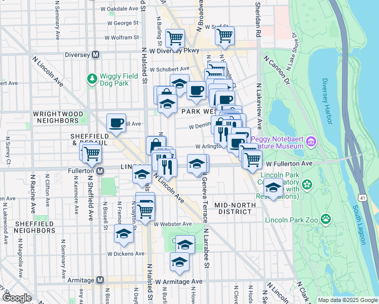 map of restaurants, bars, coffee shops, grocery stores, and more near 623 West Arlington Place in Chicago