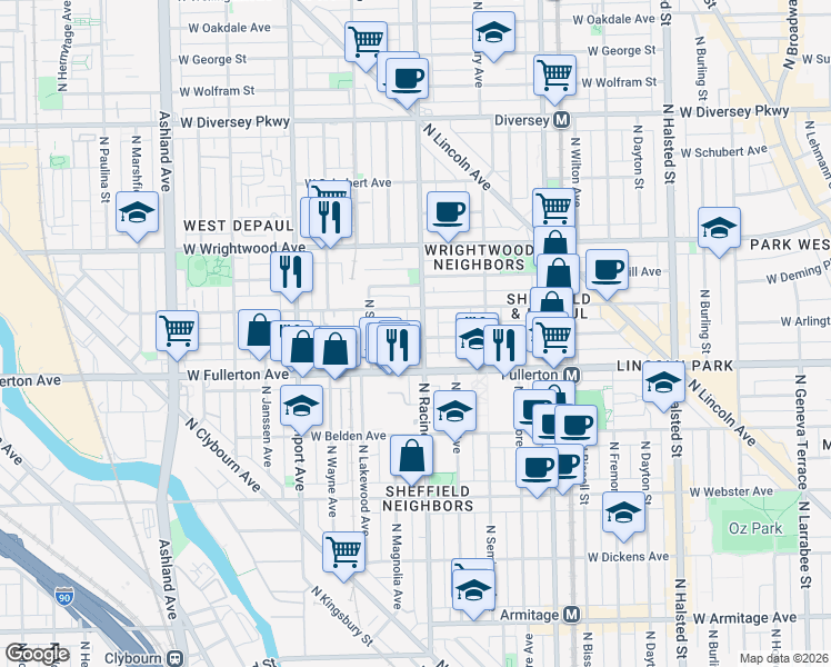 map of restaurants, bars, coffee shops, grocery stores, and more near 2440 North Racine Avenue in Chicago