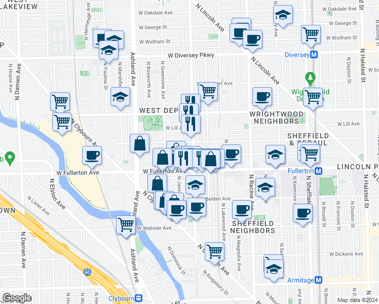 map of restaurants, bars, coffee shops, grocery stores, and more near 2447 North Southport Avenue in Chicago