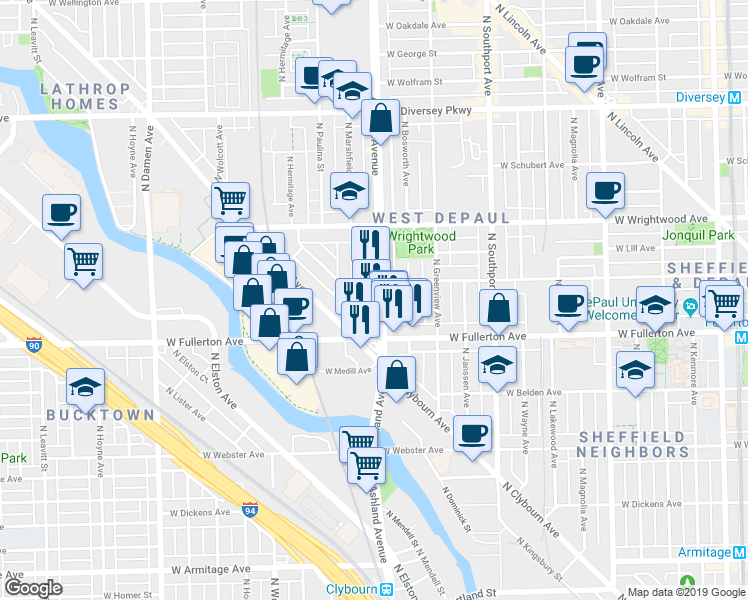 map of restaurants, bars, coffee shops, grocery stores, and more near 2439 North Marshfield Avenue in Chicago