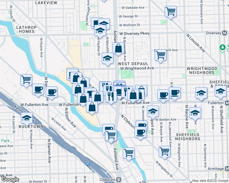 map of restaurants, bars, coffee shops, grocery stores, and more near 2439 North Marshfield Avenue in Chicago