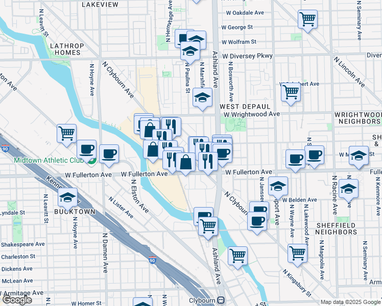 map of restaurants, bars, coffee shops, grocery stores, and more near 2449 North Clybourn Avenue in Chicago