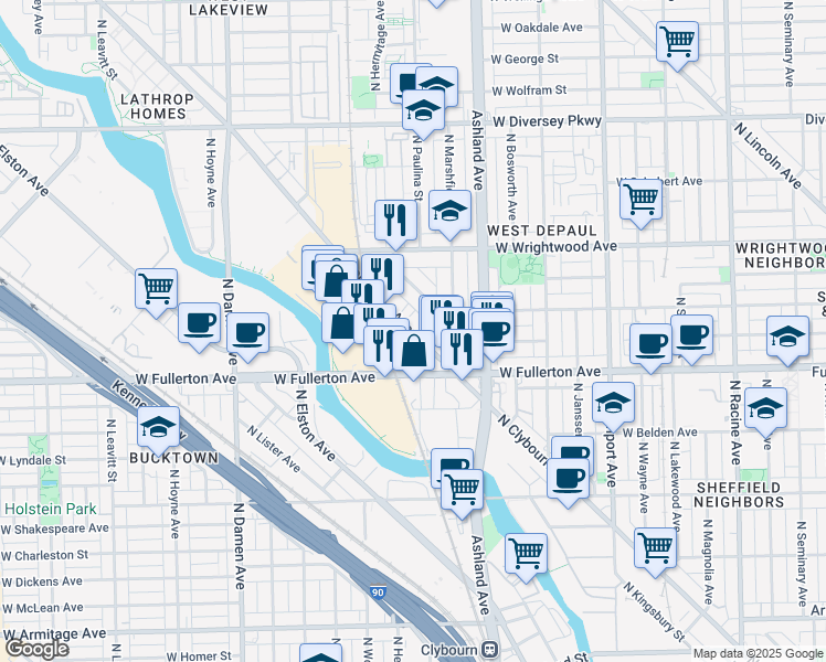 map of restaurants, bars, coffee shops, grocery stores, and more near 2449 North Clybourn Avenue in Chicago