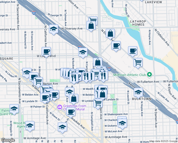 map of restaurants, bars, coffee shops, grocery stores, and more near 2453 North Campbell Avenue in Chicago