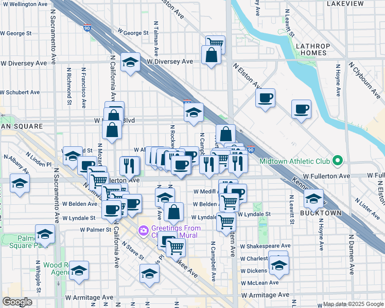 map of restaurants, bars, coffee shops, grocery stores, and more near 2454 North Maplewood Avenue in Chicago