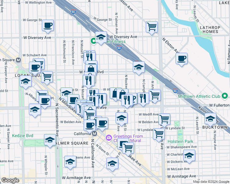map of restaurants, bars, coffee shops, grocery stores, and more near 2651 West Altgeld Street in Chicago
