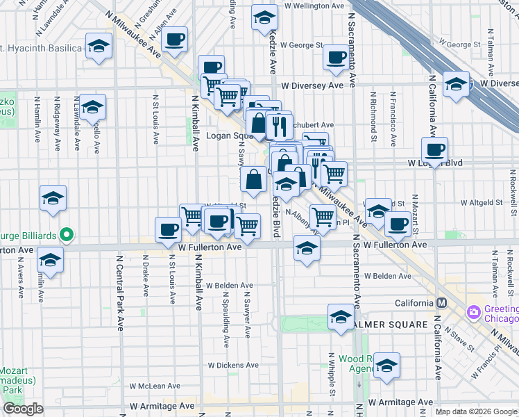 map of restaurants, bars, coffee shops, grocery stores, and more near 2454 North Kedzie Boulevard in Chicago