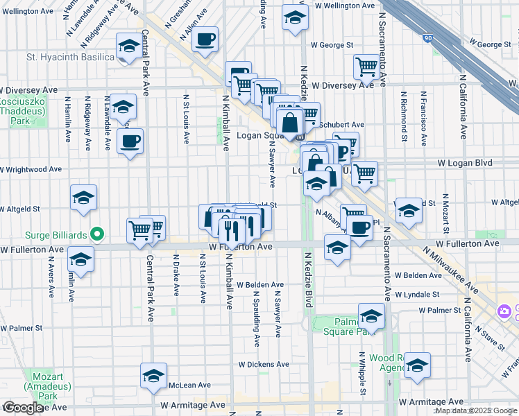 map of restaurants, bars, coffee shops, grocery stores, and more near 2500 North Sawyer Avenue in Chicago