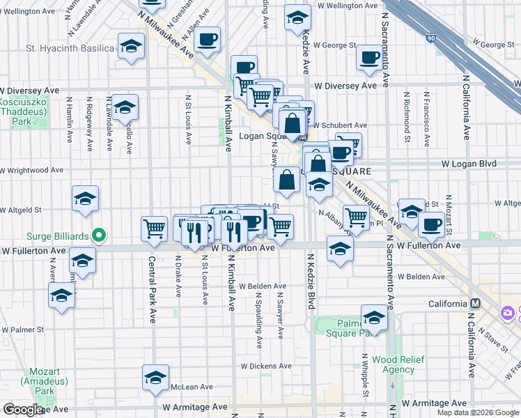 map of restaurants, bars, coffee shops, grocery stores, and more near 2454 North Spaulding Avenue in Chicago