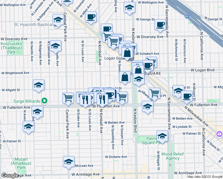 map of restaurants, bars, coffee shops, grocery stores, and more near 2454 North Spaulding Avenue in Chicago
