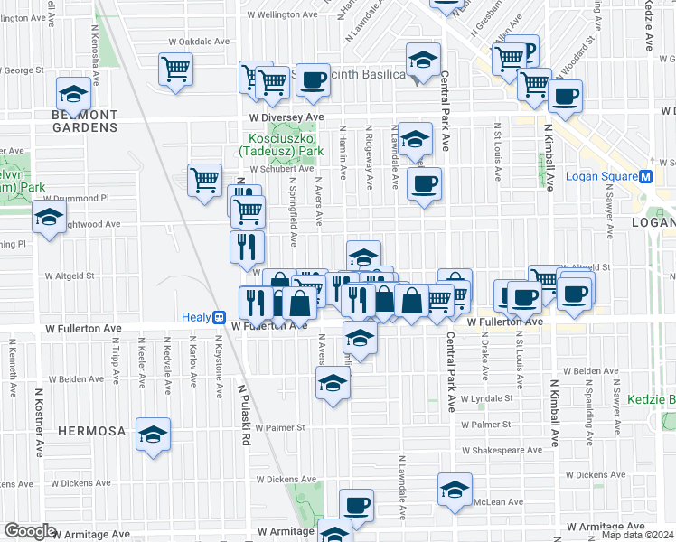 map of restaurants, bars, coffee shops, grocery stores, and more near 2503 North Avers Avenue in Chicago