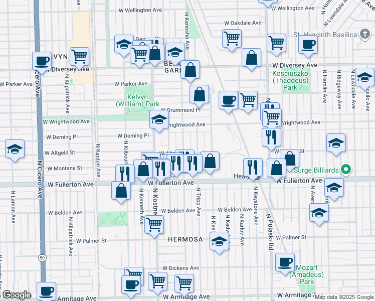 map of restaurants, bars, coffee shops, grocery stores, and more near 2504 North Tripp Avenue in Chicago