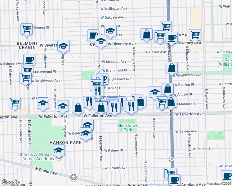 map of restaurants, bars, coffee shops, grocery stores, and more near 5117 West Deming Place in Chicago