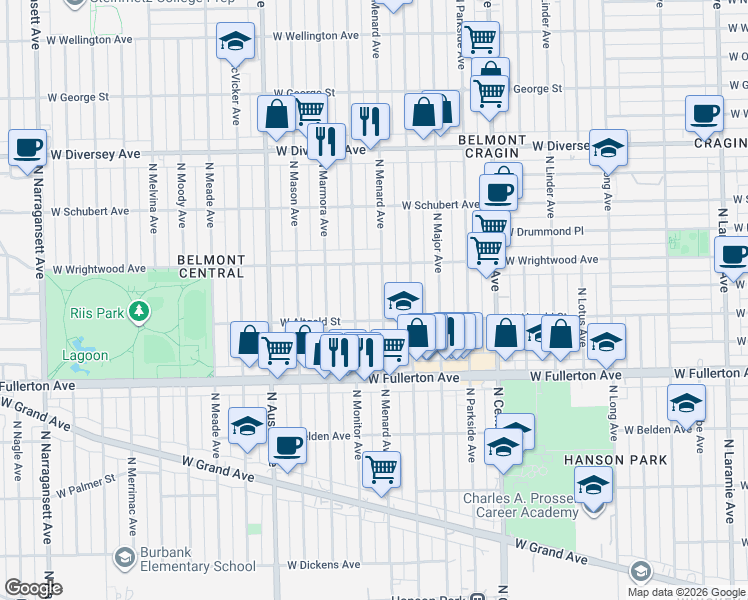 map of restaurants, bars, coffee shops, grocery stores, and more near 2528 North Menard Avenue in Chicago