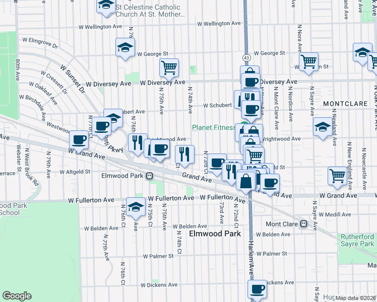 map of restaurants, bars, coffee shops, grocery stores, and more near 2530 North 74th Avenue in Elmwood Park