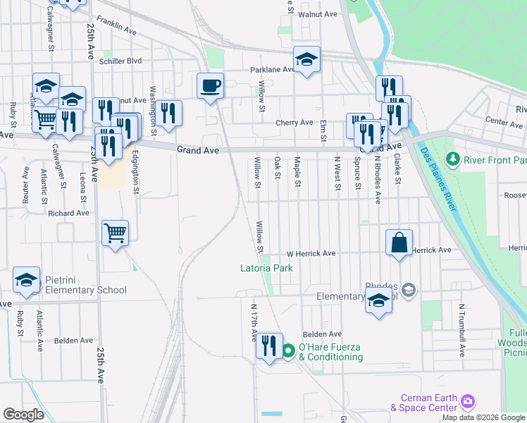 map of restaurants, bars, coffee shops, grocery stores, and more near 2553 Willow Street in Franklin Park