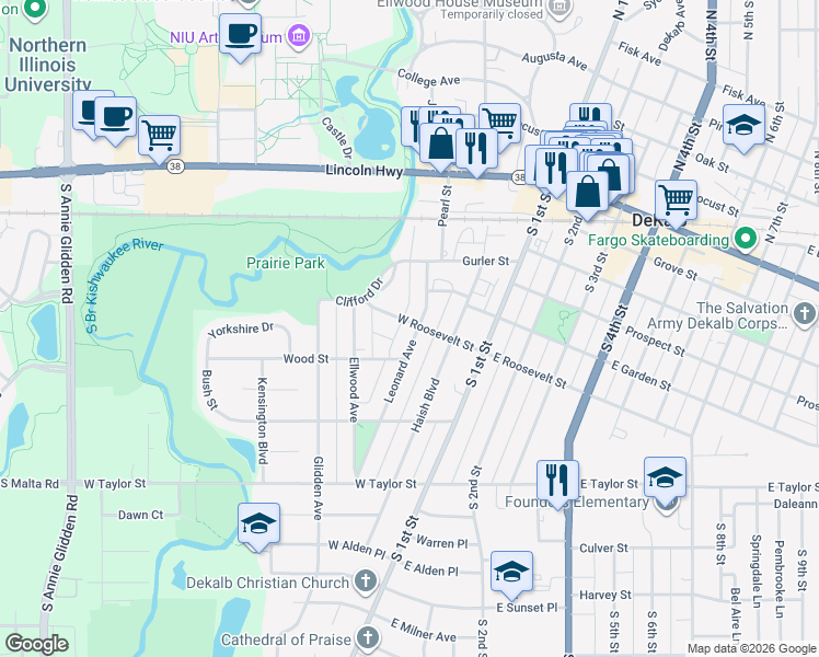 map of restaurants, bars, coffee shops, grocery stores, and more near 305 West Roosevelt Street in DeKalb