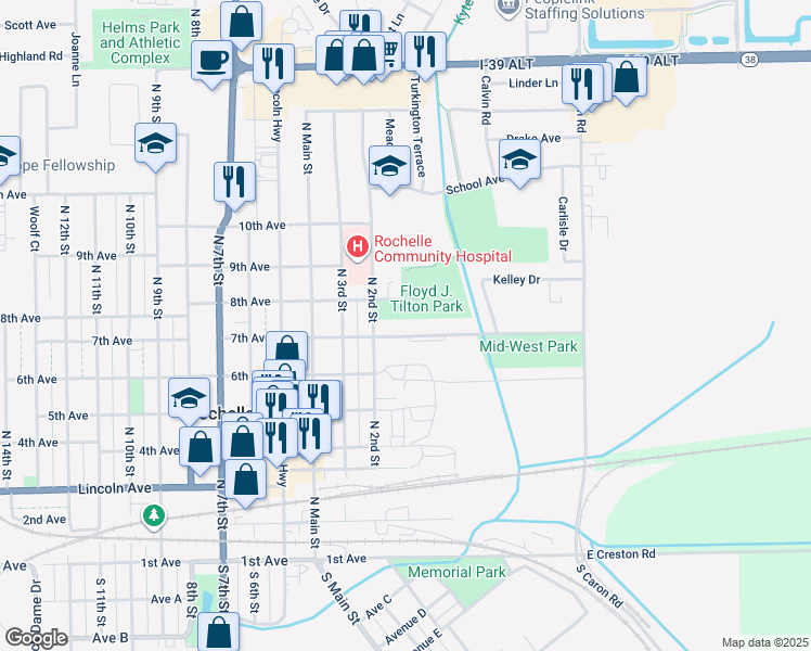 map of restaurants, bars, coffee shops, grocery stores, and more near 107 7th Avenue in Rochelle