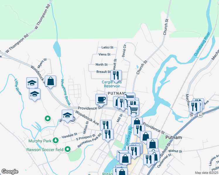 map of restaurants, bars, coffee shops, grocery stores, and more near 54 Harrison Street in Putnam