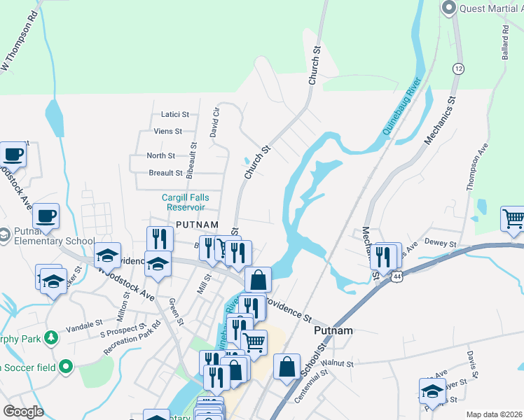 map of restaurants, bars, coffee shops, grocery stores, and more near 46 Addison Street in Putnam