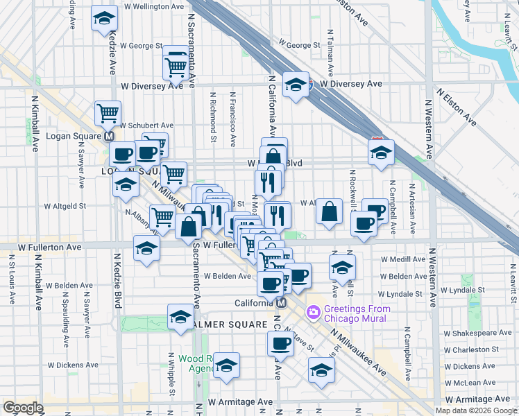 map of restaurants, bars, coffee shops, grocery stores, and more near 2456 North Mozart Street in Chicago