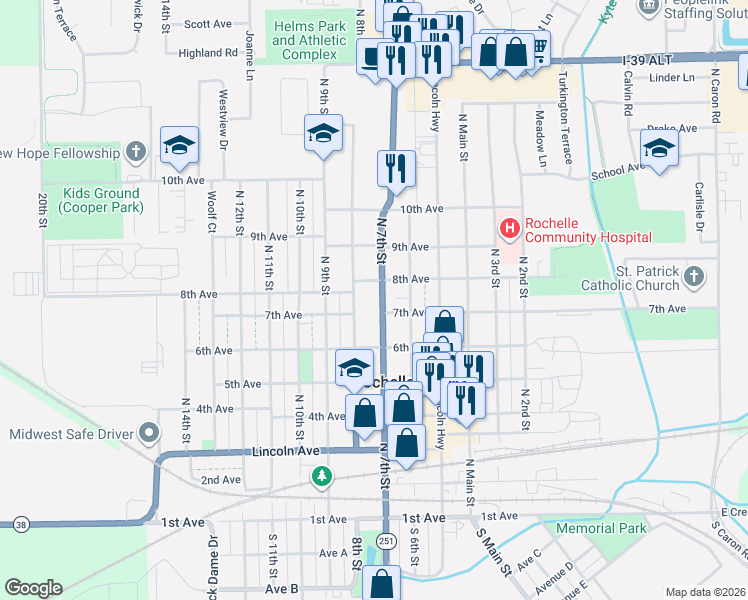 map of restaurants, bars, coffee shops, grocery stores, and more near 619 7th Avenue in Rochelle