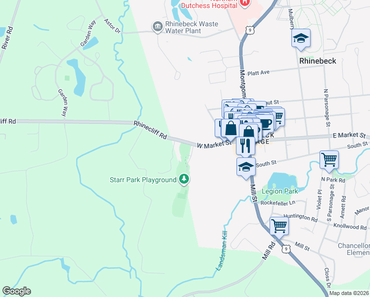 map of restaurants, bars, coffee shops, grocery stores, and more near 68 West Market Street in Rhinebeck