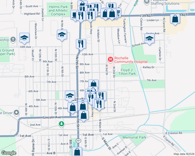 map of restaurants, bars, coffee shops, grocery stores, and more near 710 North Main Street in Rochelle