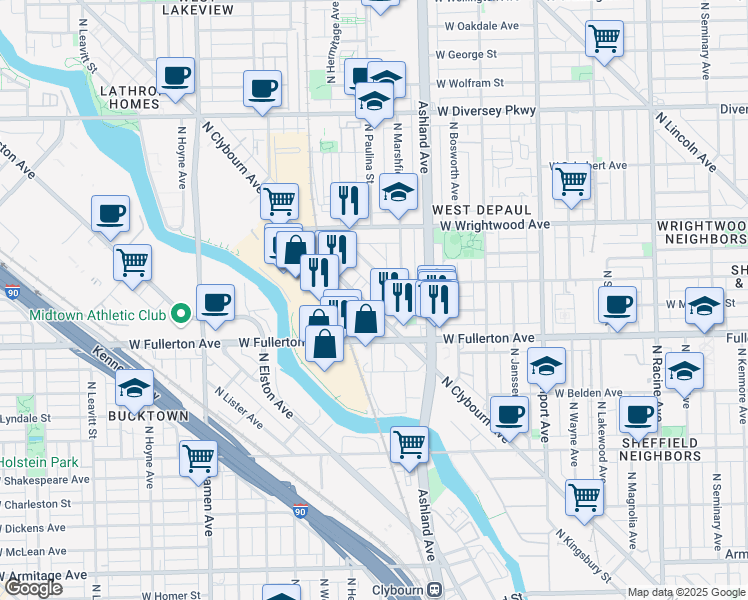 map of restaurants, bars, coffee shops, grocery stores, and more near 2449 North Clybourn Avenue in Chicago