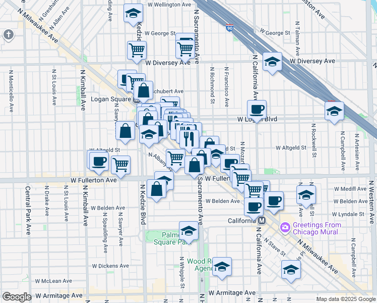 map of restaurants, bars, coffee shops, grocery stores, and more near 2482 North Milwaukee Avenue in Chicago