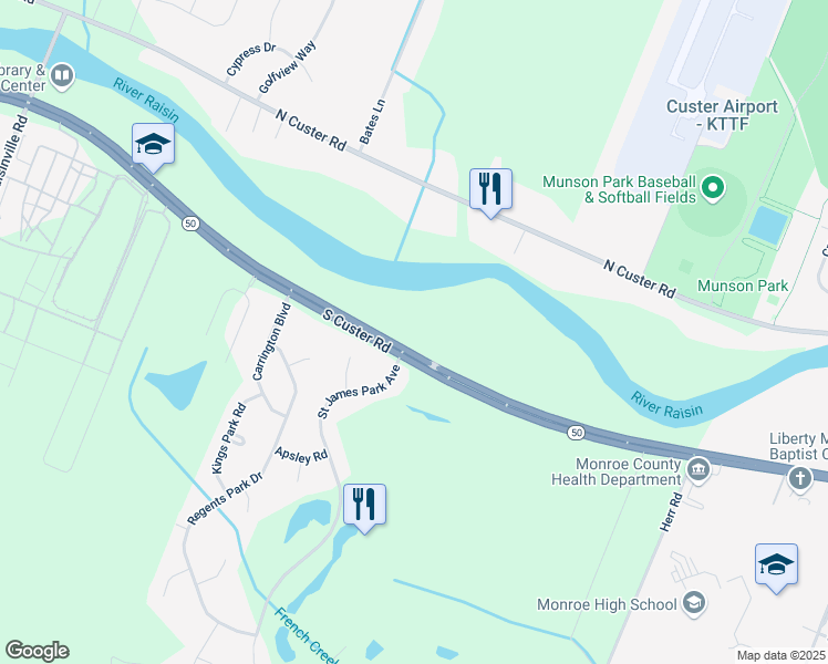 map of restaurants, bars, coffee shops, grocery stores, and more near 3042 South Custer Road in Monroe