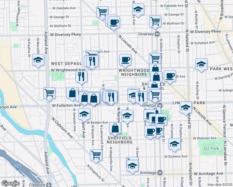 map of restaurants, bars, coffee shops, grocery stores, and more near 2440 North Racine Avenue in Chicago