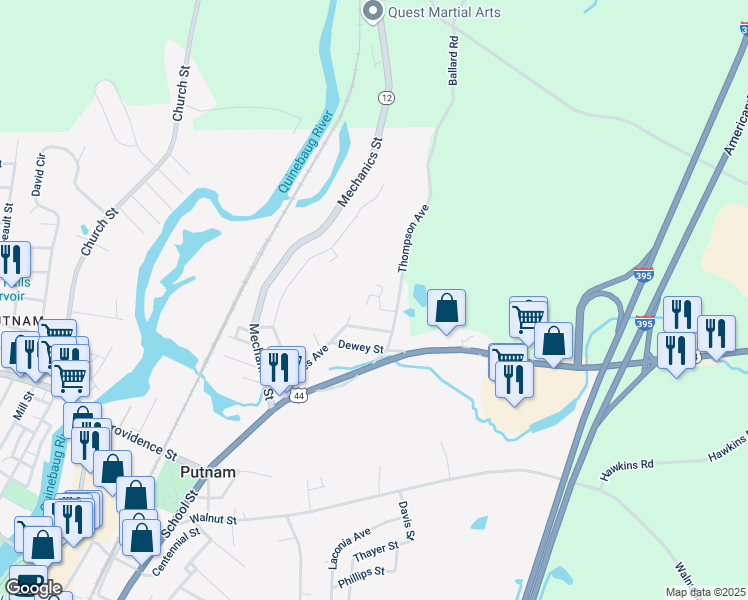 map of restaurants, bars, coffee shops, grocery stores, and more near 6 Knollwood Lane in Putnam