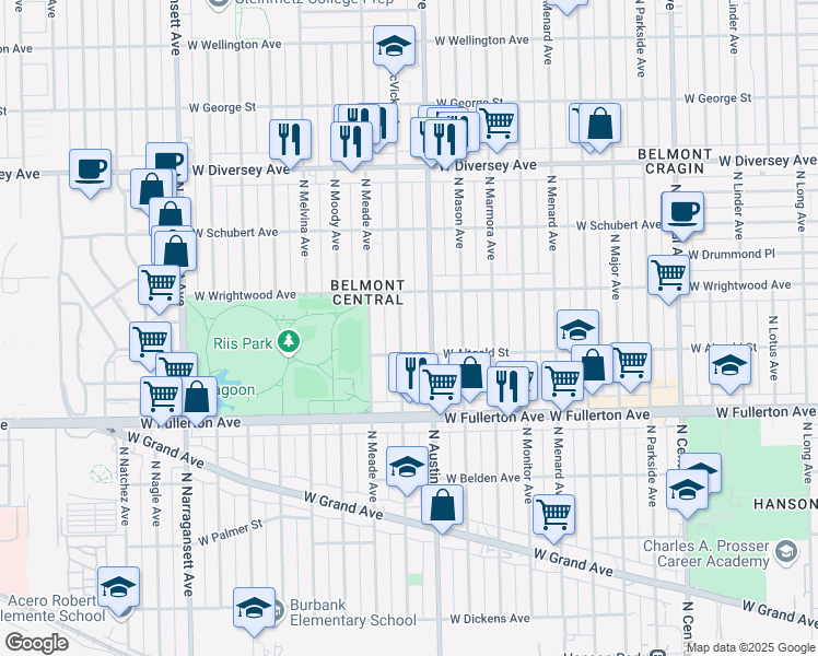 map of restaurants, bars, coffee shops, grocery stores, and more near 2525 North McVicker Avenue in Chicago