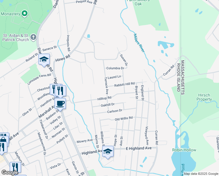 map of restaurants, bars, coffee shops, grocery stores, and more near 90 Terrace Avenue in Cumberland