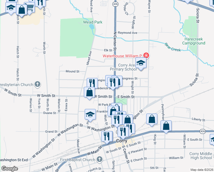 map of restaurants, bars, coffee shops, grocery stores, and more near 27 West Frederick Street in Corry