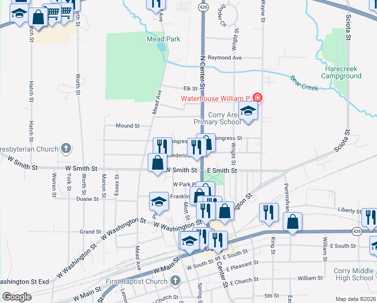 map of restaurants, bars, coffee shops, grocery stores, and more near 27 W Frederick St in Corry