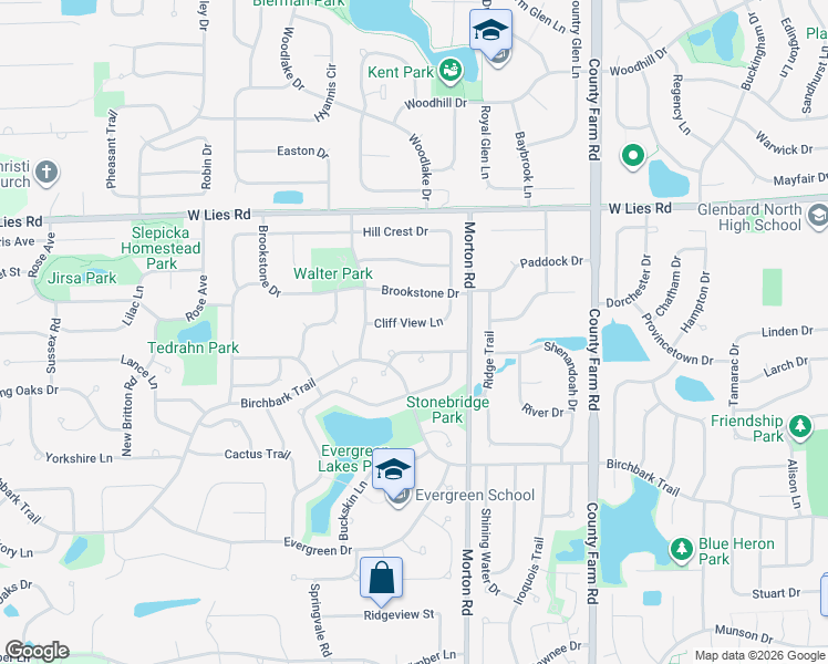 map of restaurants, bars, coffee shops, grocery stores, and more near 1072 Cliff View Lane in Carol Stream