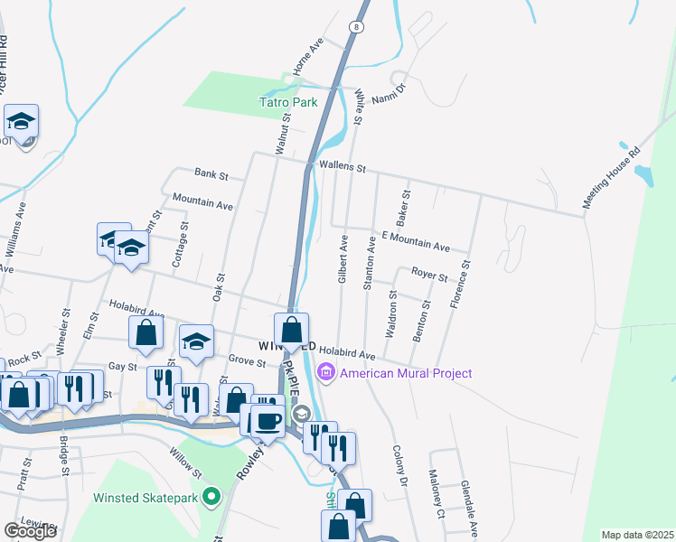 map of restaurants, bars, coffee shops, grocery stores, and more near 205 Gilbert Avenue in Winsted