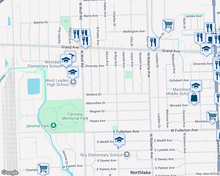 map of restaurants, bars, coffee shops, grocery stores, and more near 809 Alcoa Avenue in Melrose Park