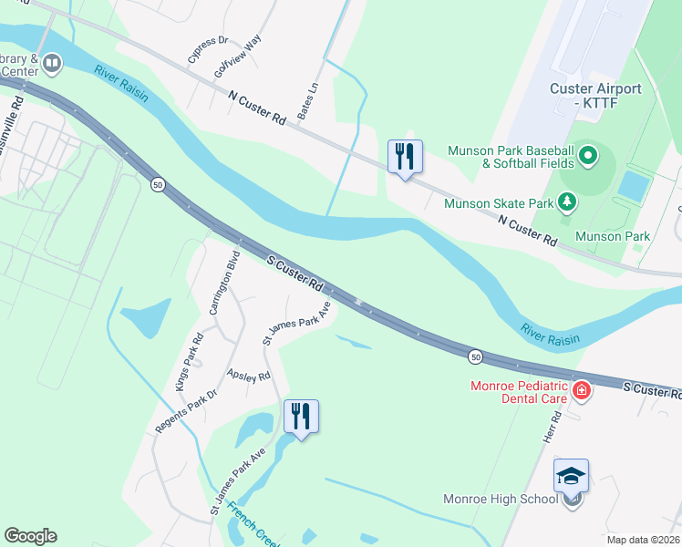 map of restaurants, bars, coffee shops, grocery stores, and more near 3042 South Custer Road in Monroe