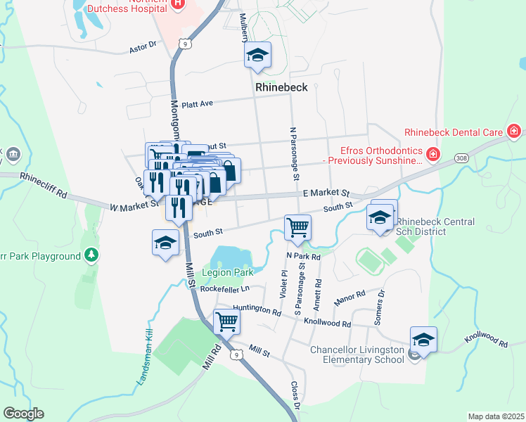 map of restaurants, bars, coffee shops, grocery stores, and more near 33 South Street in Rhinebeck