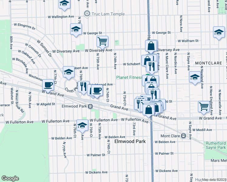 map of restaurants, bars, coffee shops, grocery stores, and more near 2530 North 74th Avenue in Elmwood Park