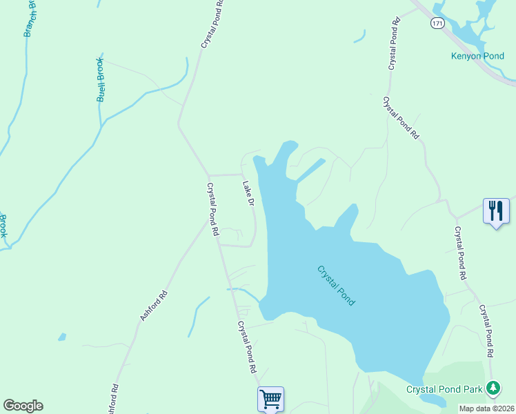 map of restaurants, bars, coffee shops, grocery stores, and more near 49 Lake Drive in Eastford