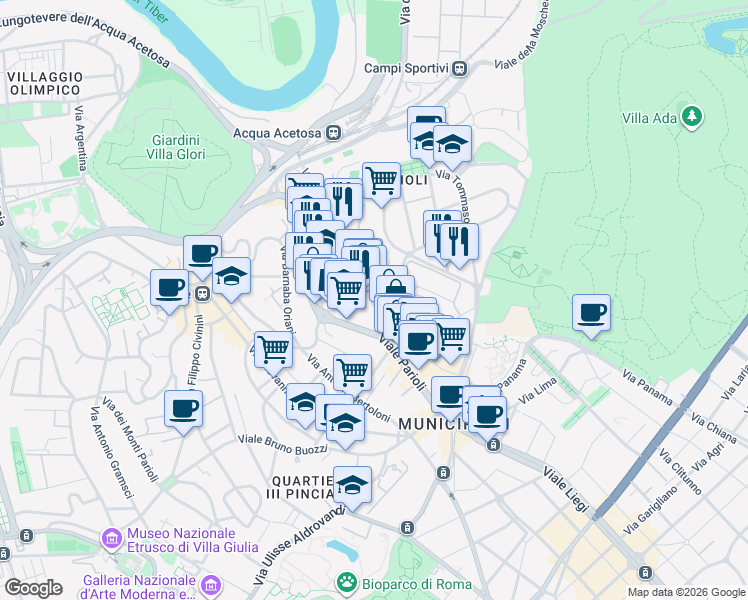 map of restaurants, bars, coffee shops, grocery stores, and more near 8 Via Fauro Ruggero in Rome