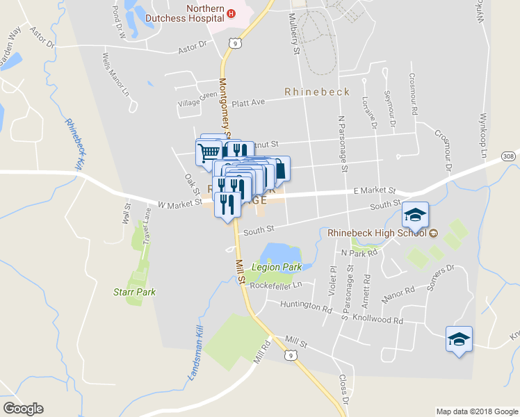 map of restaurants, bars, coffee shops, grocery stores, and more near 48 East Market Street in Rhinebeck