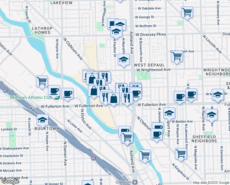 map of restaurants, bars, coffee shops, grocery stores, and more near 2449 North Clybourn Avenue in Chicago