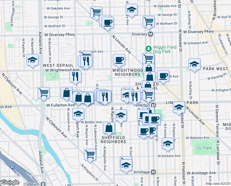 map of restaurants, bars, coffee shops, grocery stores, and more near 1146 West Montana Street in Chicago