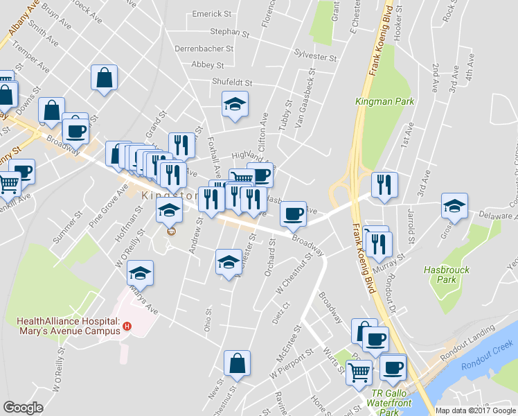 map of restaurants, bars, coffee shops, grocery stores, and more near 23 East Chester Street in Kingston